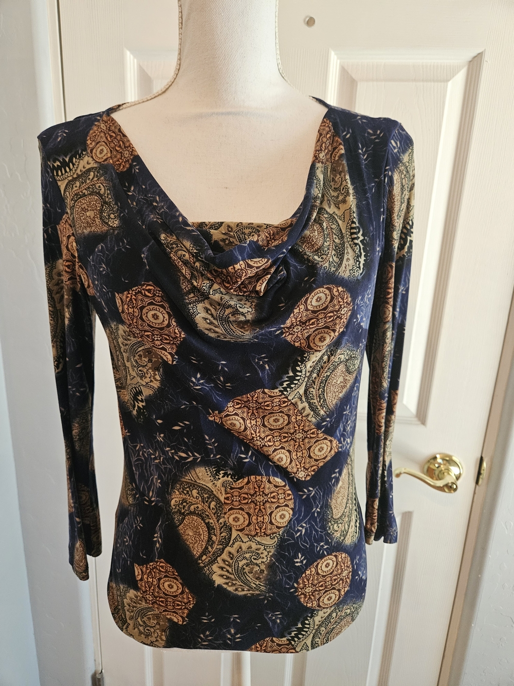 Susan Lawrence Navy, Burgundy, & Tan paisley Cowl Neck long sleeve top  - Medium